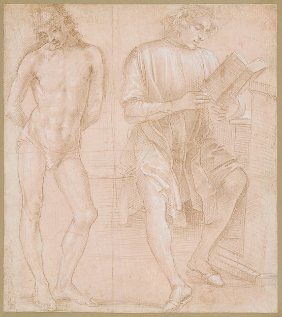 Filippino Lippi, Standing Youth with Hands Behind His Back, and a Seated Youth Reading (recto); Two Studies of Hands (verso)