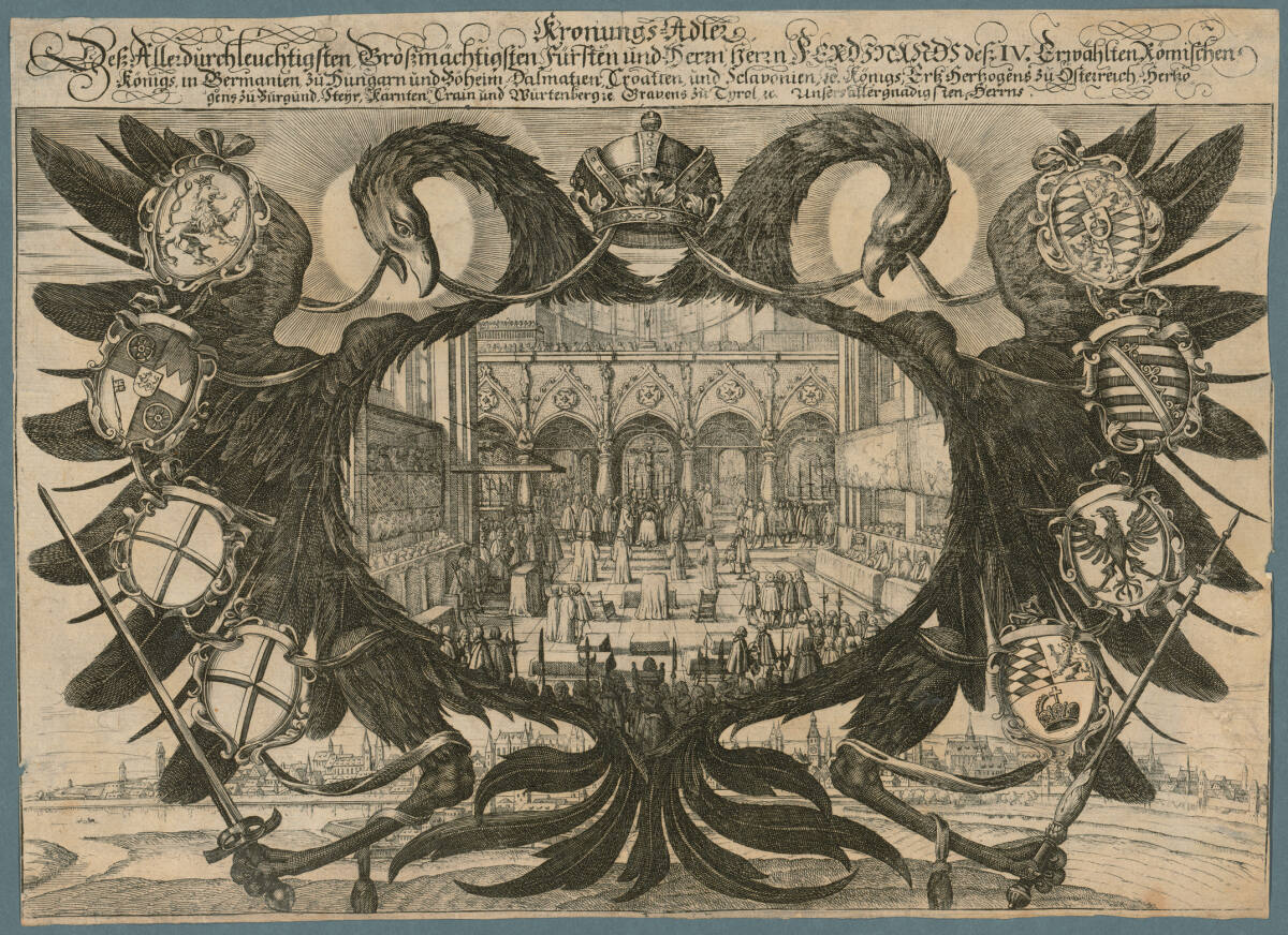 Anonym, Krönung von Ferdinand IV. zum römisch-deutschen König im Dom zu Regensburg am 18. Juni 1653 mit Wappenadler des Heiligen-Römischen Reiches und Ansicht von Regensburg