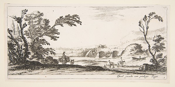 Stefano della Bella, Plate 3: two horsemen crossing a river to right, a woman with two baskets atop a donkey to left, trees to the left and right, a bridge in the background, from 'Various landscapes' (Divers paysages)