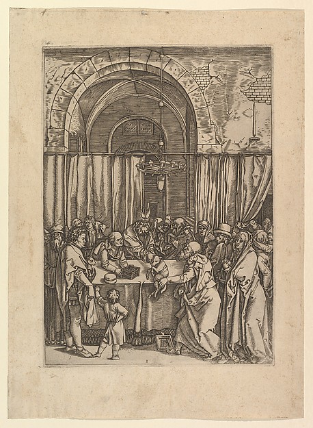 Marcantonio Raimondi, High priest refusing sacrificial lamb from Joachim, after Dürer
