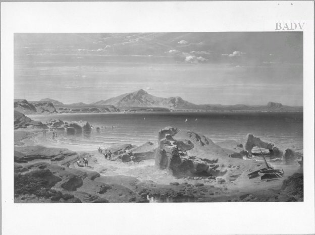 Fritz Bamberger, Südliche Meeresküste mit Gebirge im Hintergrund