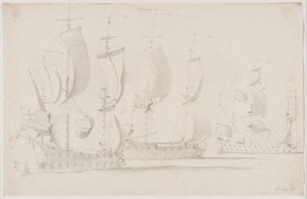willem van de velde the younger, Three English ships before the wind; broadside view
