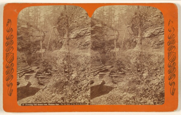 Charles Bierstadt, Frowning Cliff, distant view, Watkins Glen. On the line of the Erie Railway.