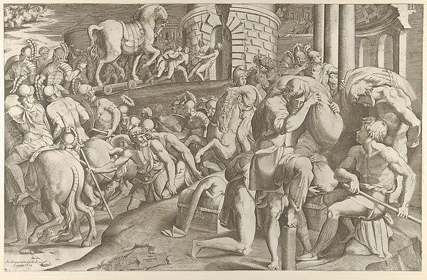 Giulio Bonasone, The Trojans hauling the wooden horse into Troy