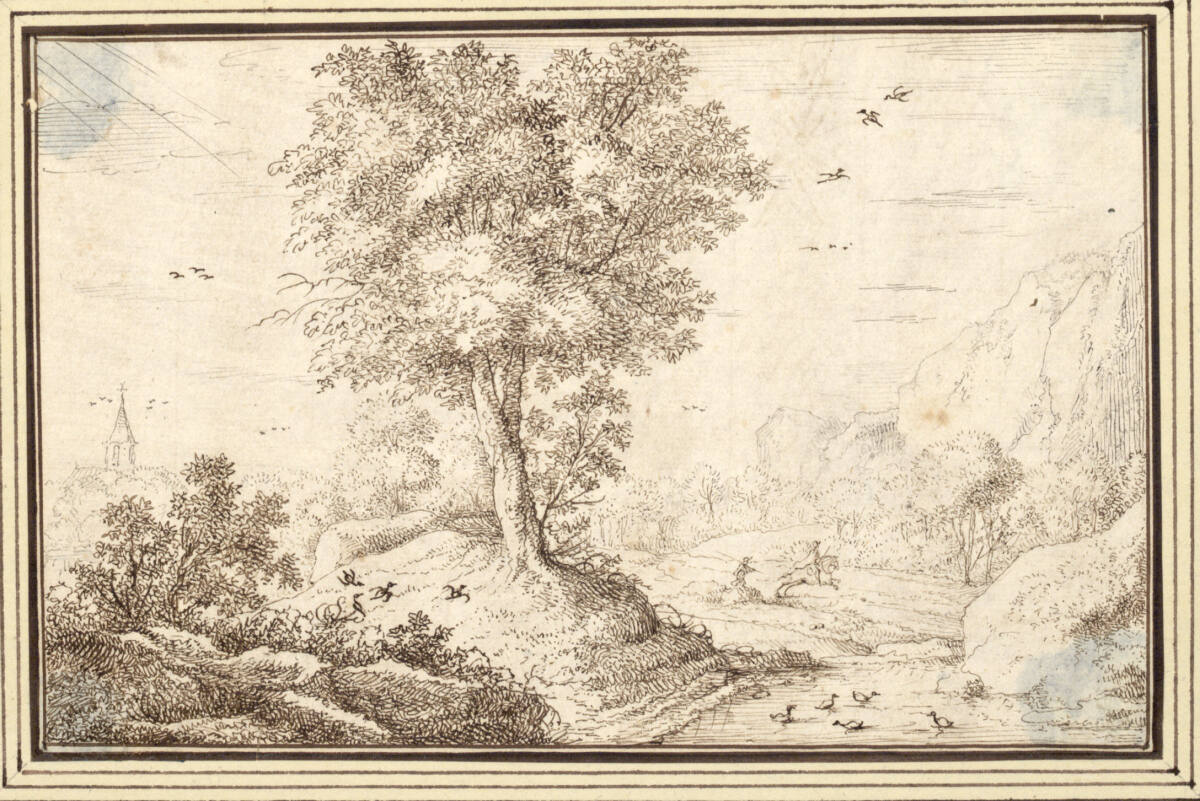 AlbertFlamen, Baumreiche Landschaft mit Bach, weiter hinten ein Reiter (I-11)