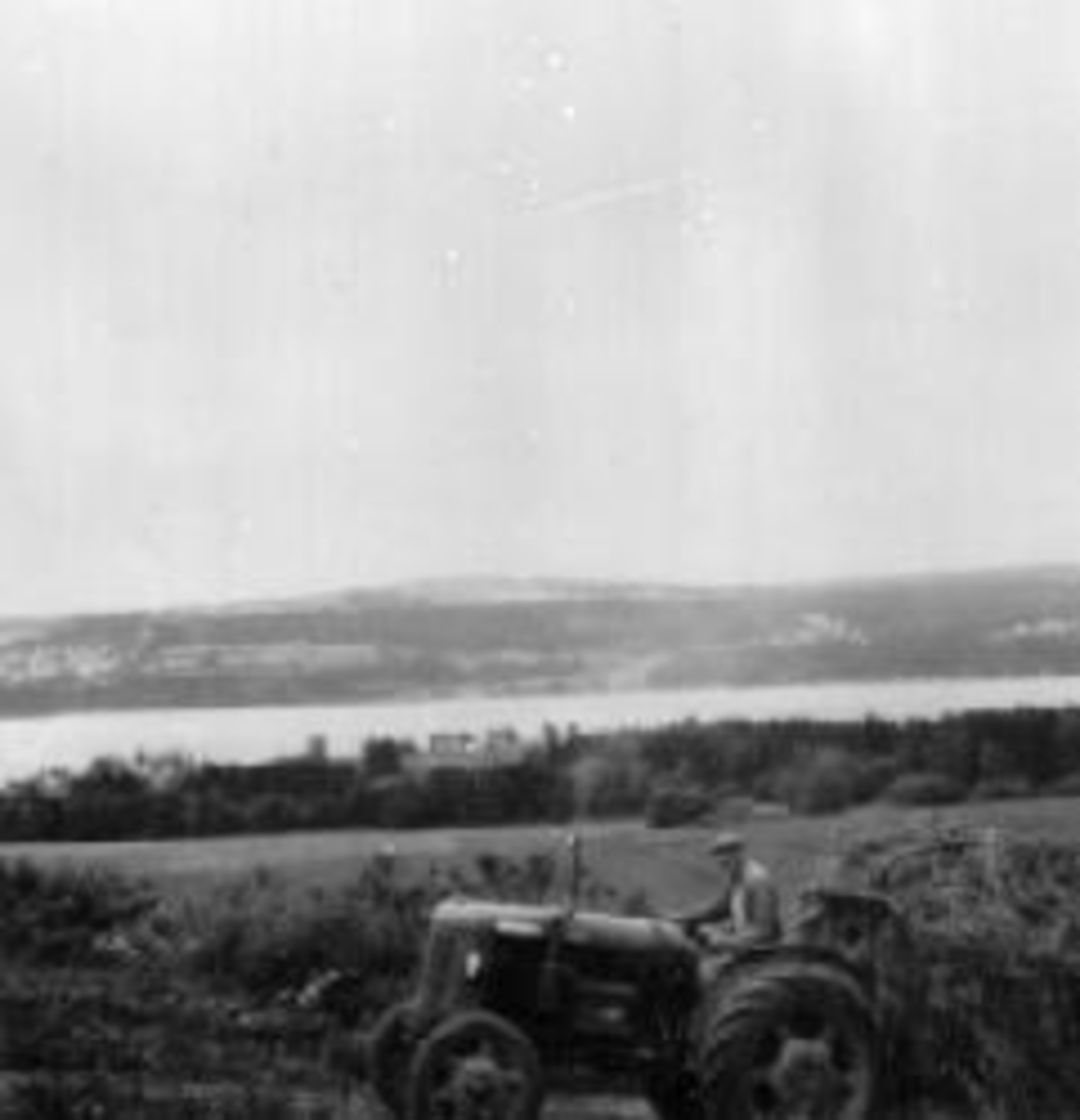Anno Domkirkeodden, Slåttonn. Høyonn på Breistu, Nes, Hedmark. Torgeir Kongsrud (1903-1969) kjører høy med traktor. Utsikt mot Mjøsa.