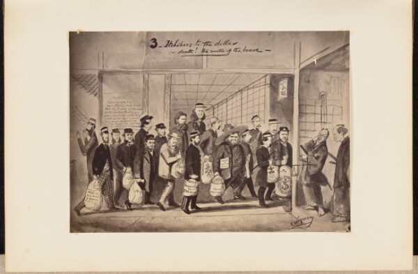 Felice Beato, [Photographic Copy of a Drawing by Charles Wirgman With the Title, "3 Itchiboos to the Dollar or Death! The Motto of the Brave"]