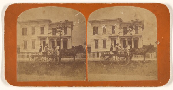 Unknown, [Horse-drawn milk wagon in front of a large house]