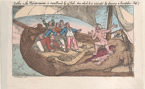 Thomas Rowlandson, Bathes in the Mediterranean, is swallowed by a fish, from which he is extricated by dancing a hornpipe