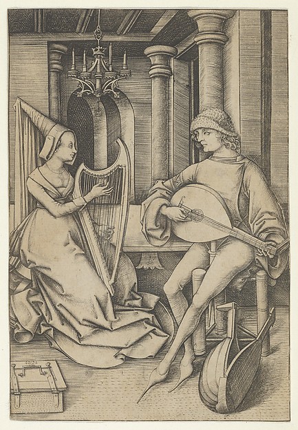 Israhel van Meckenem, Lute Player and Harpist, from Scenes of Daily Life