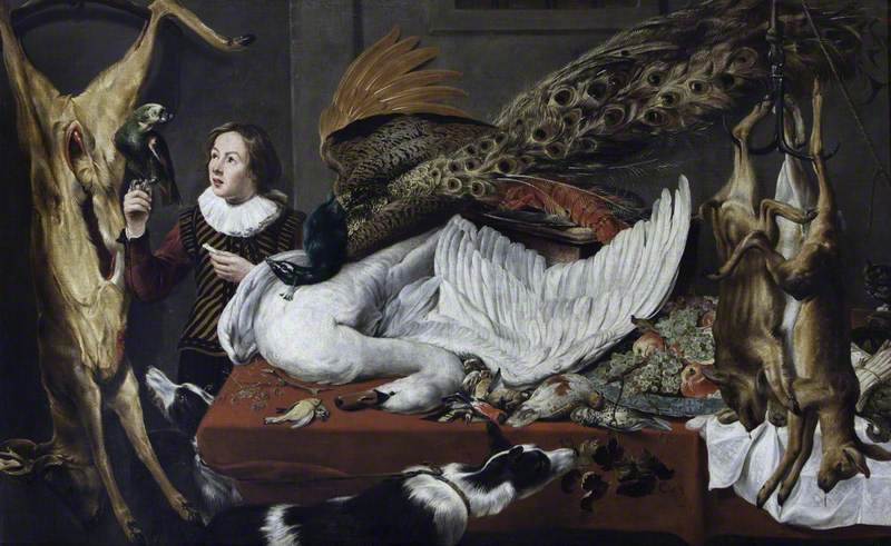 Frans Snyders, Hung Game with a Swan and a Peacock on a Table and a Page Holding a Parrot