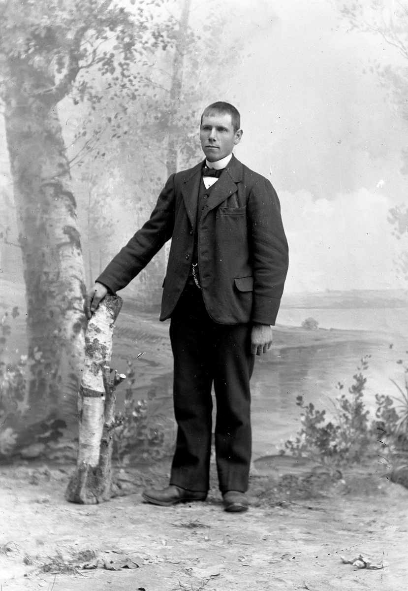 Jakob Jakobsen Engerdal, Portrett av mann, står ved trestubbe.