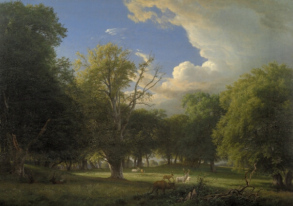 P.C. Skovgaard, Sommereftermiddag med en bortdragende regnbyge. Jægersborg Dyrehave