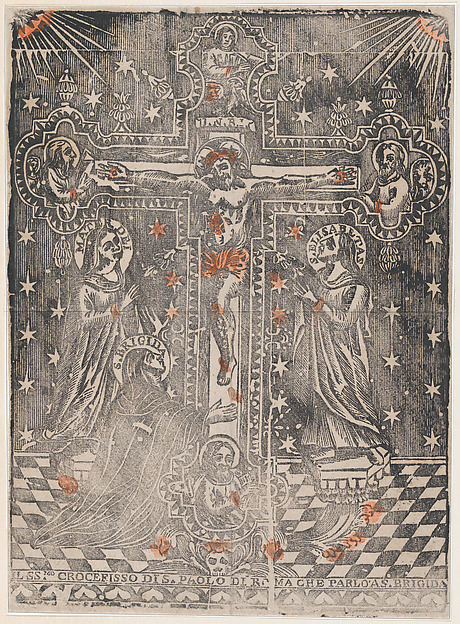 Anonymous, Italian, 16th century, Christ on the cross flanked by the Virgin, Saint Brigit and Saint Elisabeth