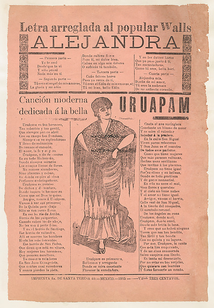 José Guadalupe Posada, Broadsheet with two narrative love ballads about desirable women, woman wearing a shawl and a skirt with her hands placed on her hips