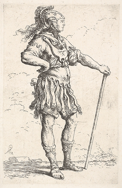 Salvator Rosa, A warrior facing right wearing a plumed helmet and holding a staff, from "Figurine"
