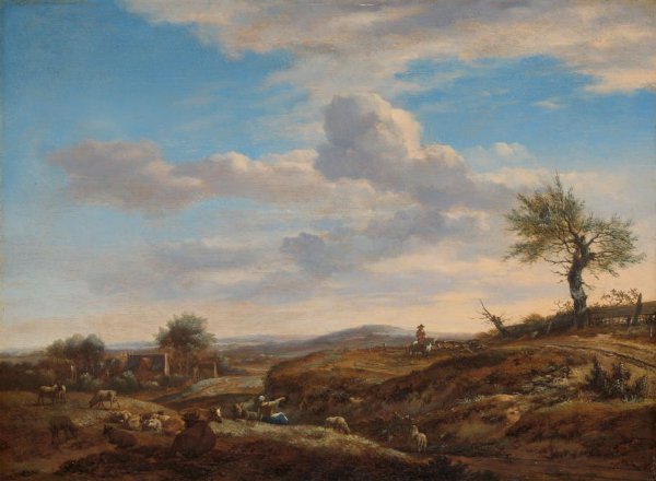 Adriaen van de Velde, Heuvelachtig landschap met hoge weg