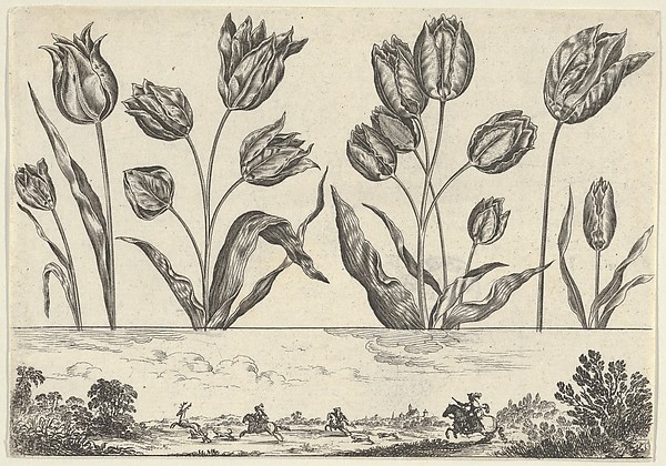 Nicolas Cochin, Horizontal Panel with a Row of Flowers Above a Frieze with a Hunting Scene in a Landscape, from "Livre Nouveau de Fleurs Tres-Util"