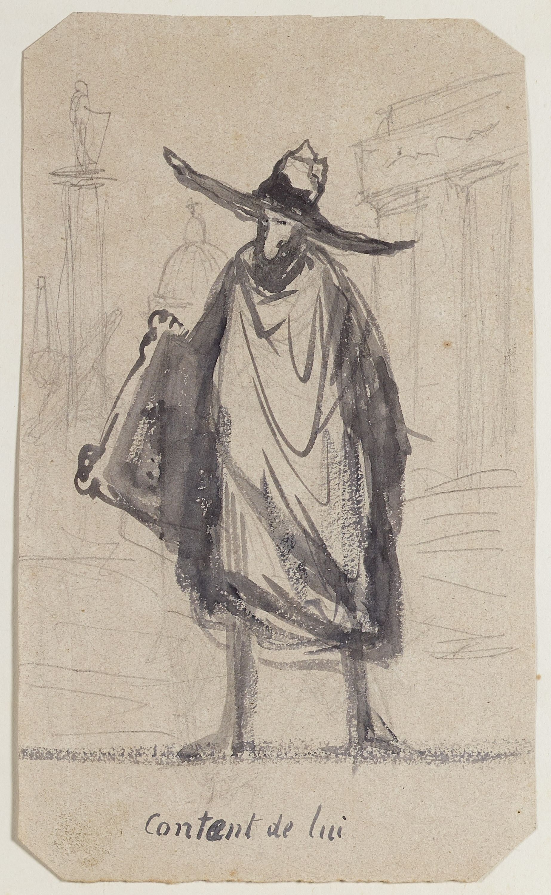 Anonyme, Portrait-charge d'un homme barbu portant un grand manteau et un grand chapeau, tenant un tableau sous son bras