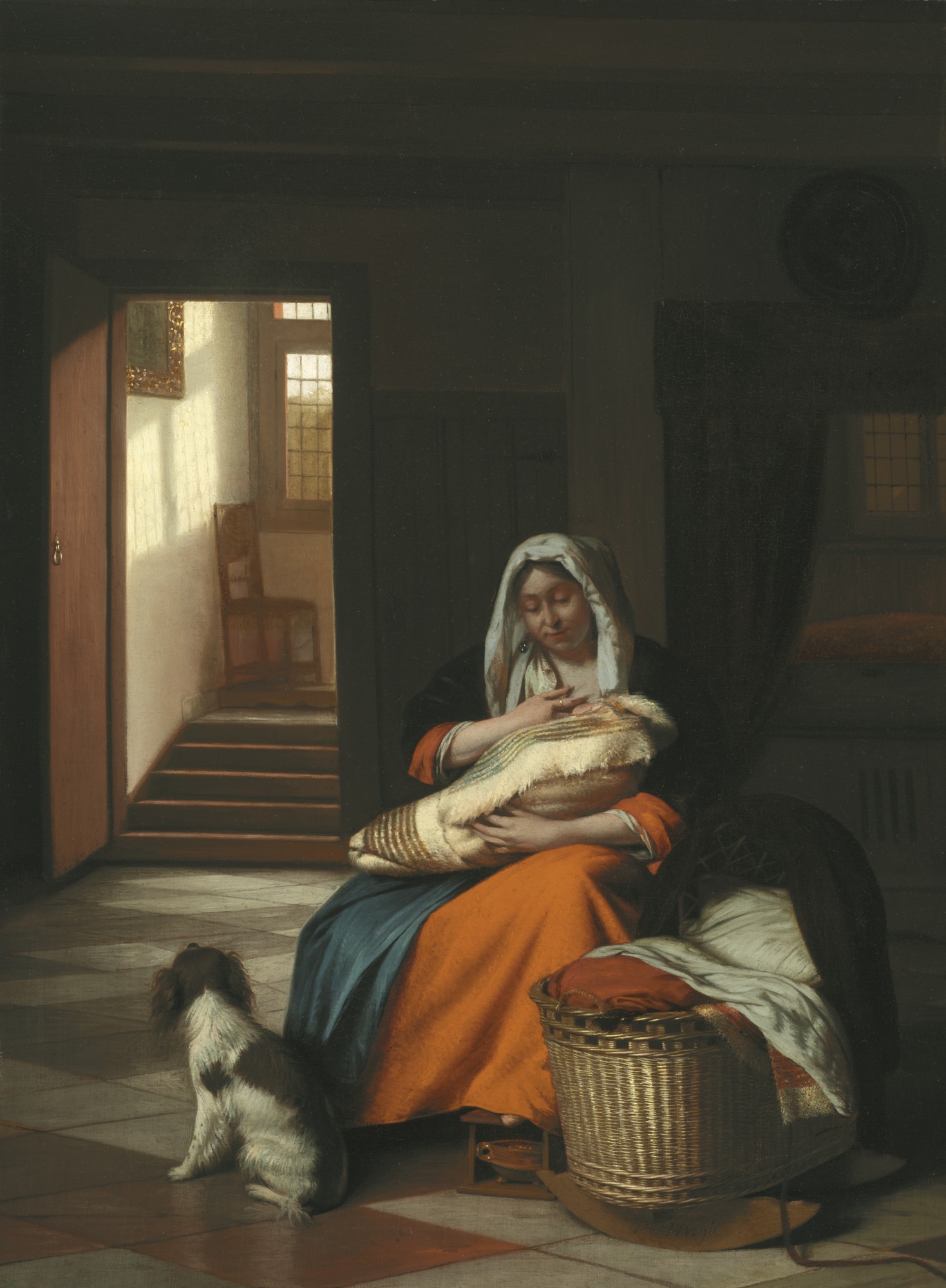 Pieter de Hooch, Woman nursing by a cradle with a dog at her feet