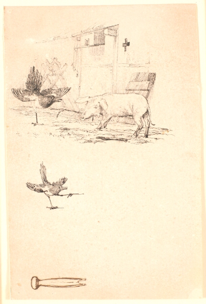 Johan Thomas Lundbye, Storken og grisen. Nedenunder studie af skaden og et stykke værktøj. Illustration til Kaalunds "Fabler for Børn". Se kommentar fra arkkatalog.