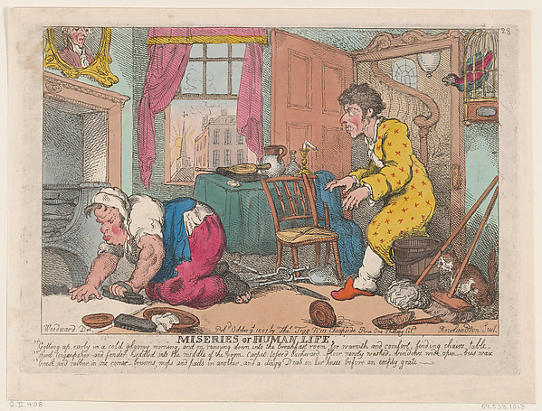 Thomas Rowlandson, The Miseries of Human Life: Getting Up Early in a Cold Gloomy Morning...Before an Empty Grate