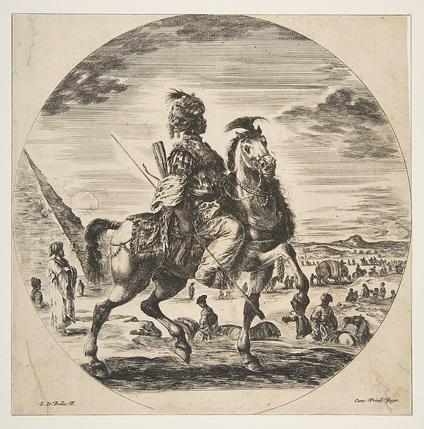 Stefano della Bella, Moorish horseman in profile facing right, in the background a pyramid at left, many figures and an elephant, from 'Figures on Horseback' (Cavaliers nègres, polonais et hongrois)