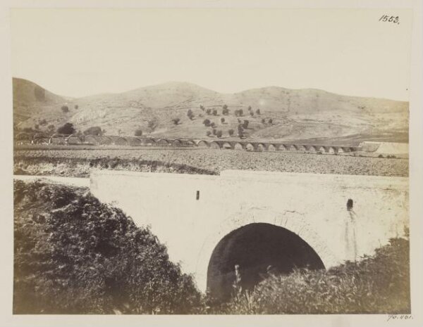 Parker, John Henry, 'Aqueducts - Bridge near Cantalupo, above Tivoli, with the unfinished modern Arcade of the Aqua Pia, 1869