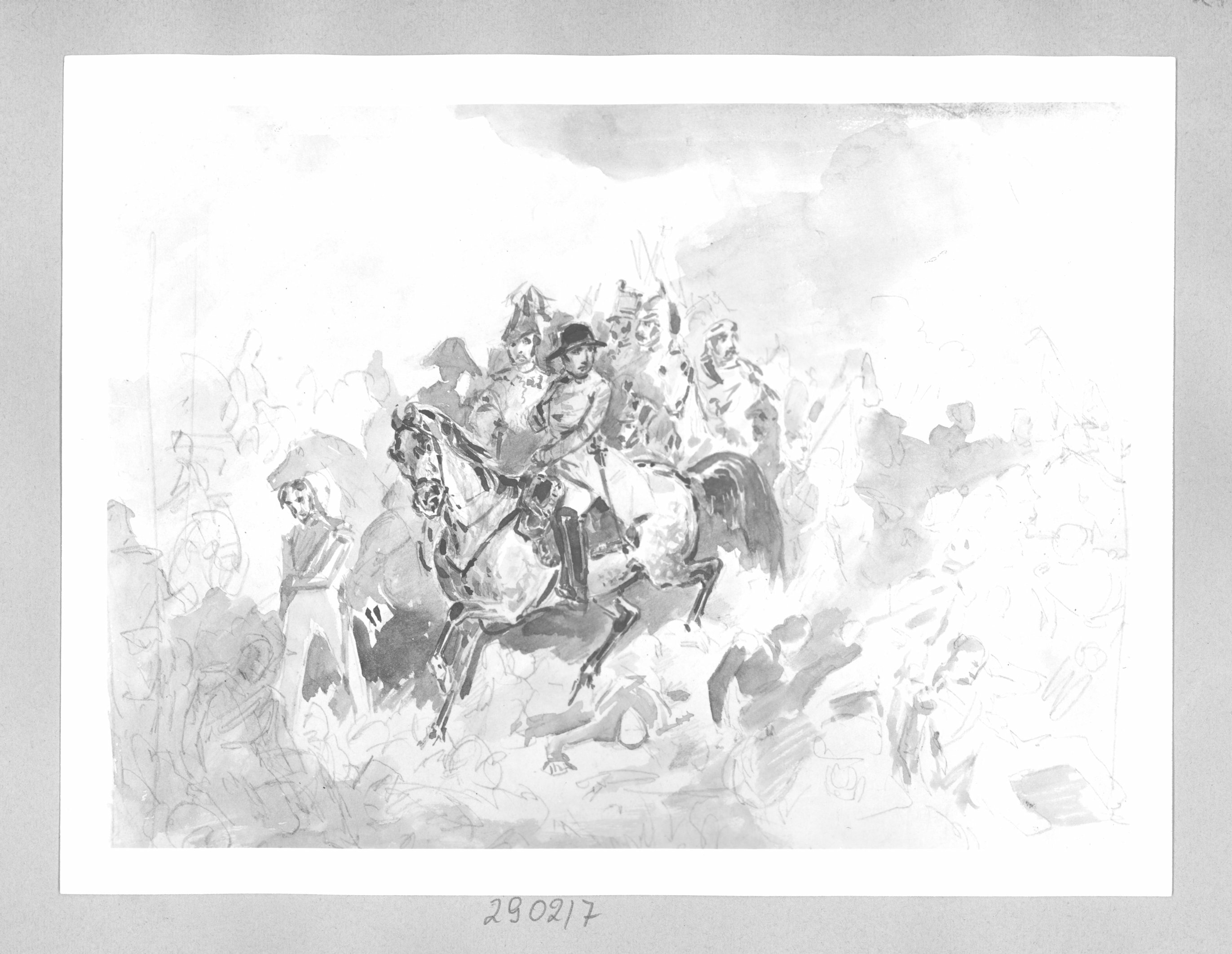 Carl Blechen, Napoleon zu Pferd, von Generalen und Truppe umgeben