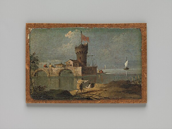Francesco Guardi, Capriccio with a Circular Tower, Two Houses, and a Bridge
