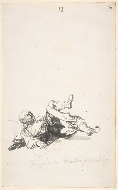 Goya (Francisco de Goya y Lucientes), He Wakes Up Kicking; a man on the floor kicking his legs after waking from a nightmare; page 13 from the "Witches and Old Women" Album (D)