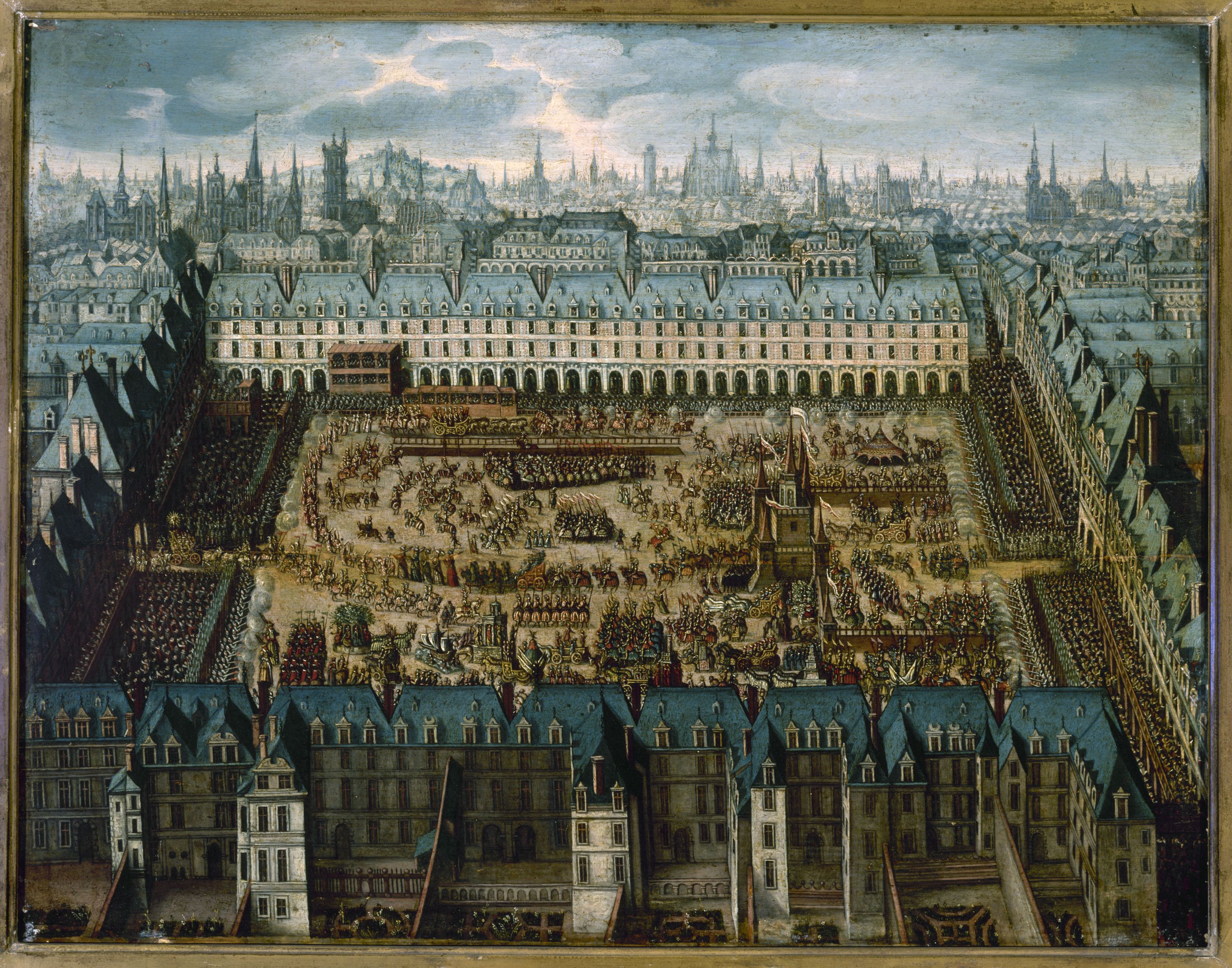 Anonyme, Le "Roman des chevaliers de la gloire", grand carrousel donné place Royale (actuelle place des Vosges) du 5 au 7 avril 1612 à l'occasion du mariage de Louis XIII avec Anne d'Autriche, actuel 4ème arrondissement.