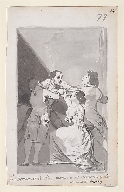 Goya (Francisco de Goya y Lucientes), Two brothers killing their sister's lover in her presence; folio 77 (recto) from the Madrid Album "B"