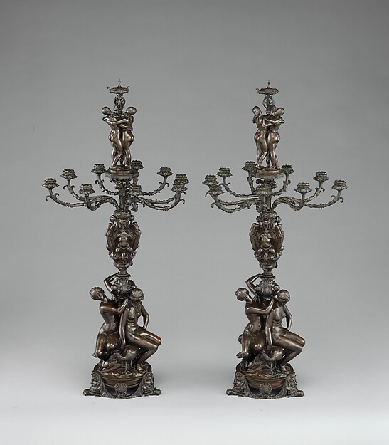 Antoine-Louis Barye, Pair of Nine Light Candelabra with Six Figures, Masks, and Chimeras