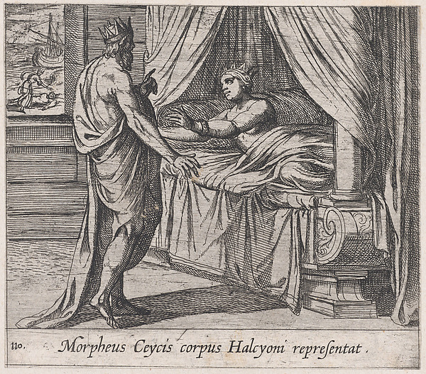 Antonio Tempesta, Plate 110: Morpheus, as Ceyx, Appearing to Alcyone (Morpheus Ceycis corpus Halcyoni representat), from Ovid's 'Metamorphoses'