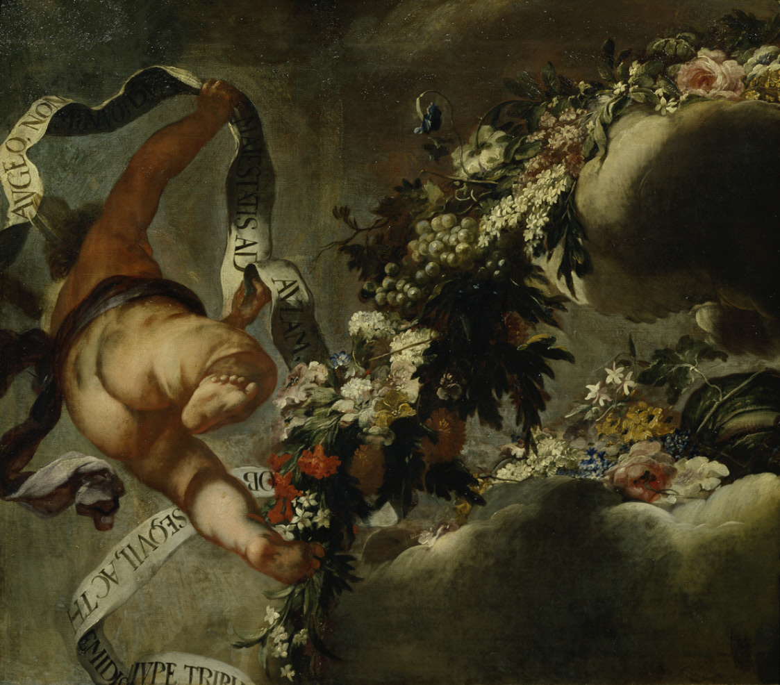 Peter Strudel, Putto mit Blumengewinde und Spruchband