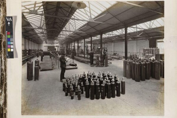 Unknown, Compressor Room, general view showing weighing of  Newly Charged Cylinders in Foreground