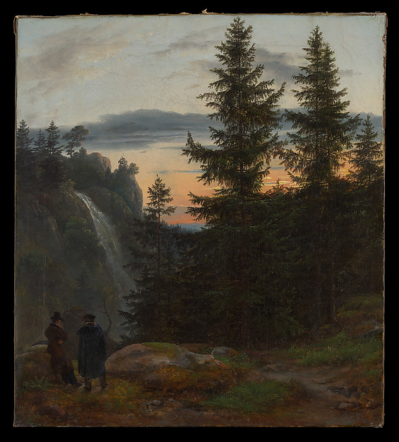 Johan Christian Dahl, Two Men before a Waterfall at Sunset