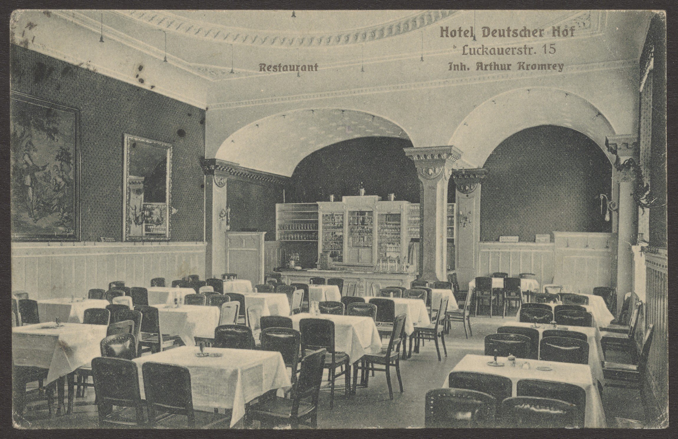 Kunstverlag J. Goldiner, Ansichtskarte Restaurant "Hotel Deutscher Hof", Luckauer Straße 15 [2/2]