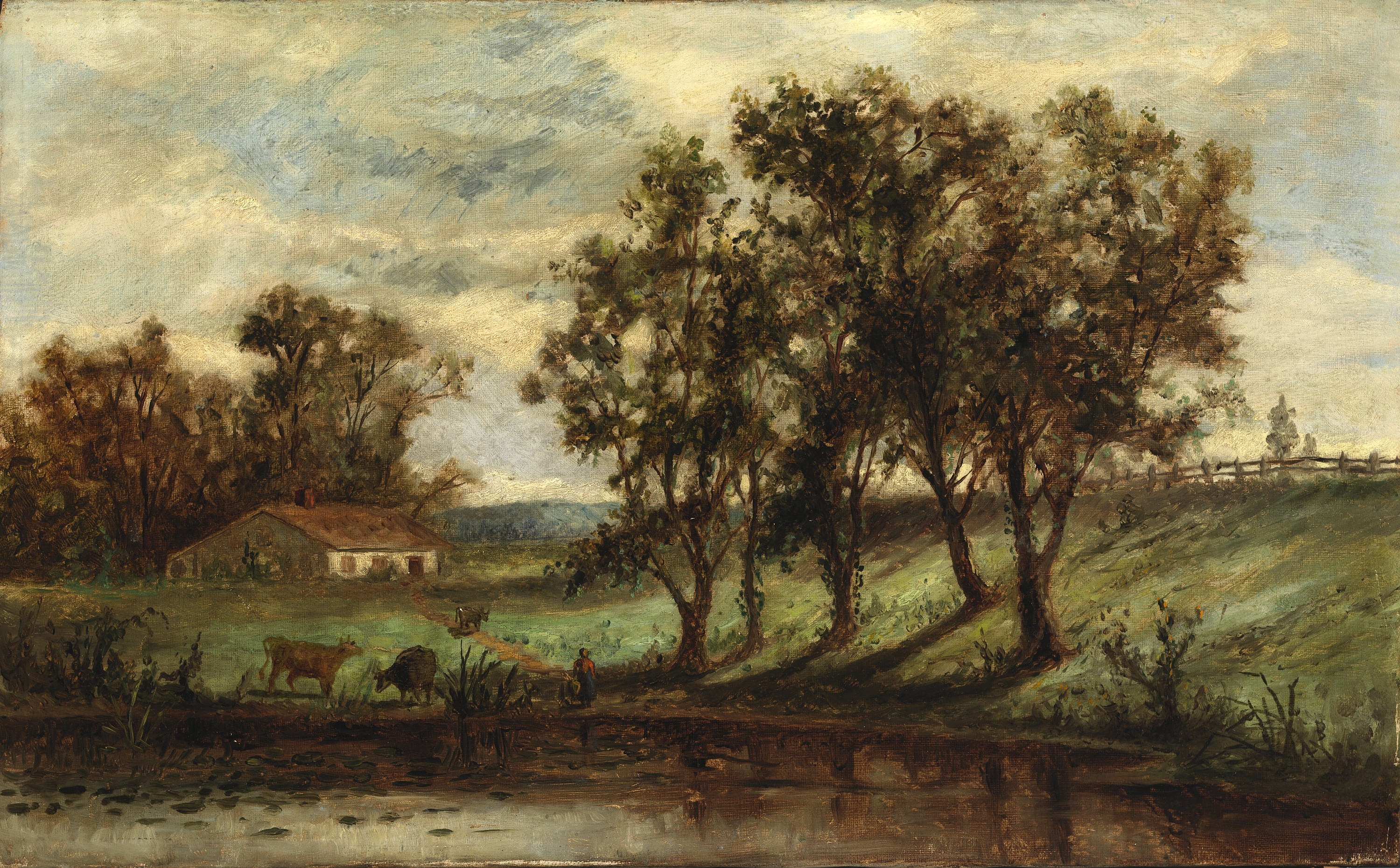 Edward Mitchell Bannister, Untitled (man with cows grazing near pond with house and trees in background)