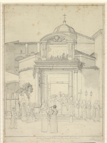 C.W. Eckersberg, Kirken sta. Cosmos e Sta. Damians (Romolus og Remus Templet) med munke i procesion, der kommer ud af kirkedøren.