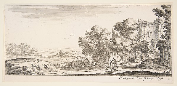 Stefano della Bella, Plate 4: two pilgrims observing ruins to right, one pointing towards the right, a shepherd and a herd of cattle in center background, from 'Various landscapes' (Divers paysages)