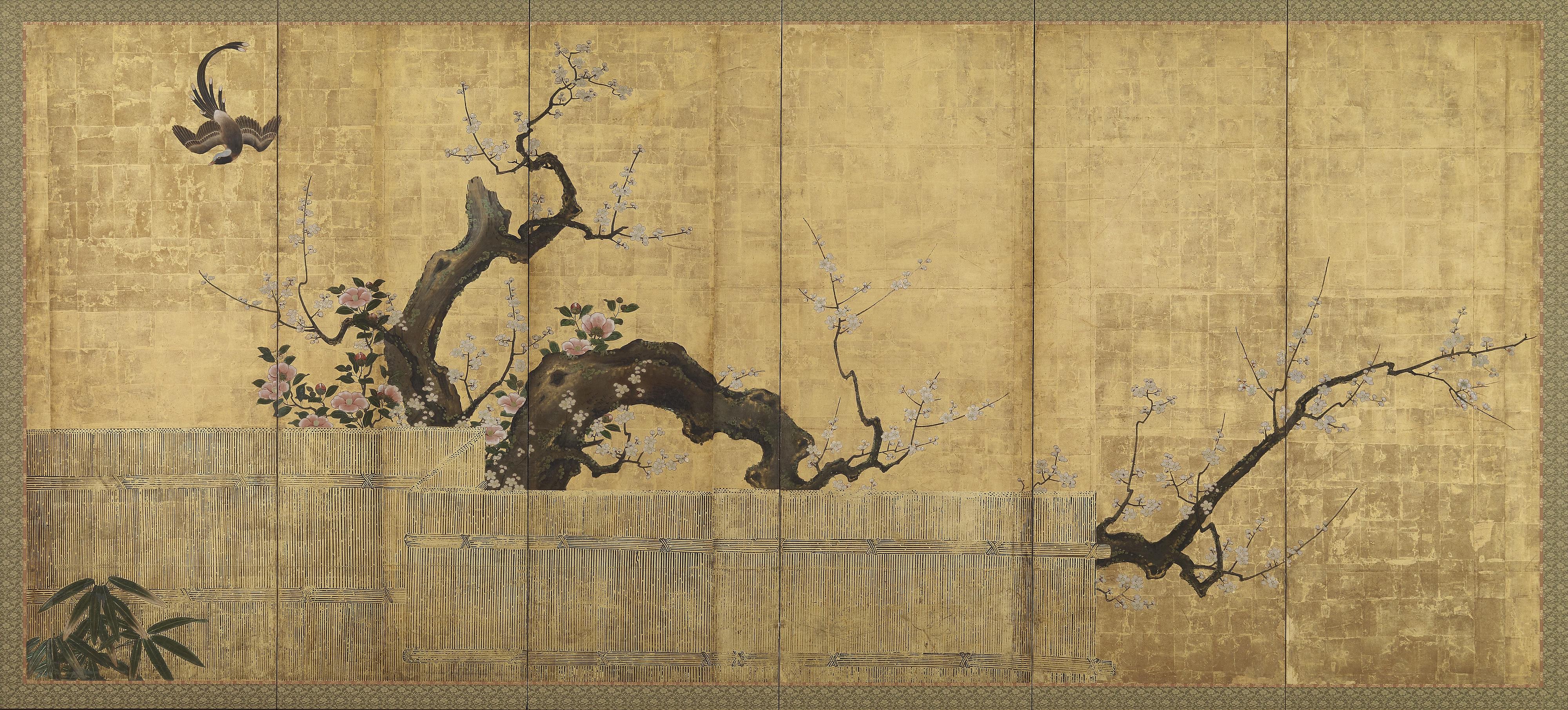 Kano Koi, Blossoming Plum and Camellia in a Garden Landscape