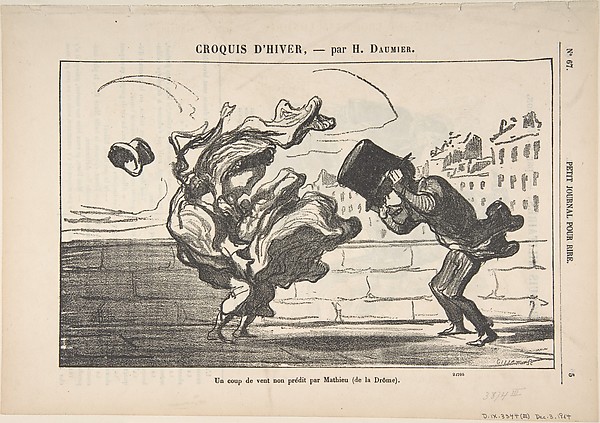 Honoré Daumier, Un Coup de Vent non Prédit par Mathieu (de la Drôme), Plate 1 of "Croquis d'Hiver"