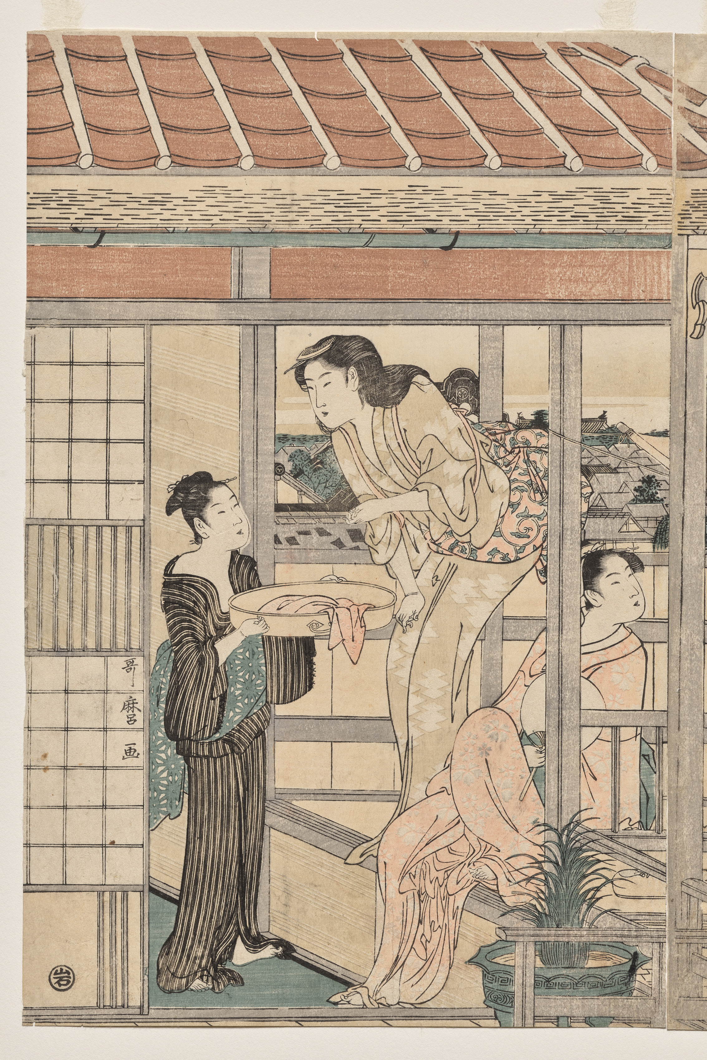 Kitagawa Utamaro, Women Hanging Laundry to Dry on a Balcony