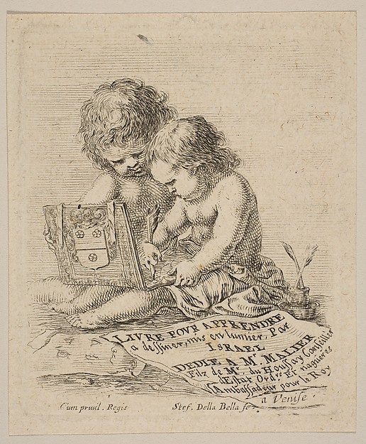 Stefano della Bella, Plate 1: two children sitting on the ground, the child on the right drawing while the child on the left holding the album, the title page from 'The Book for Learning to Draw' (Livre pour apprendre à dessiner)