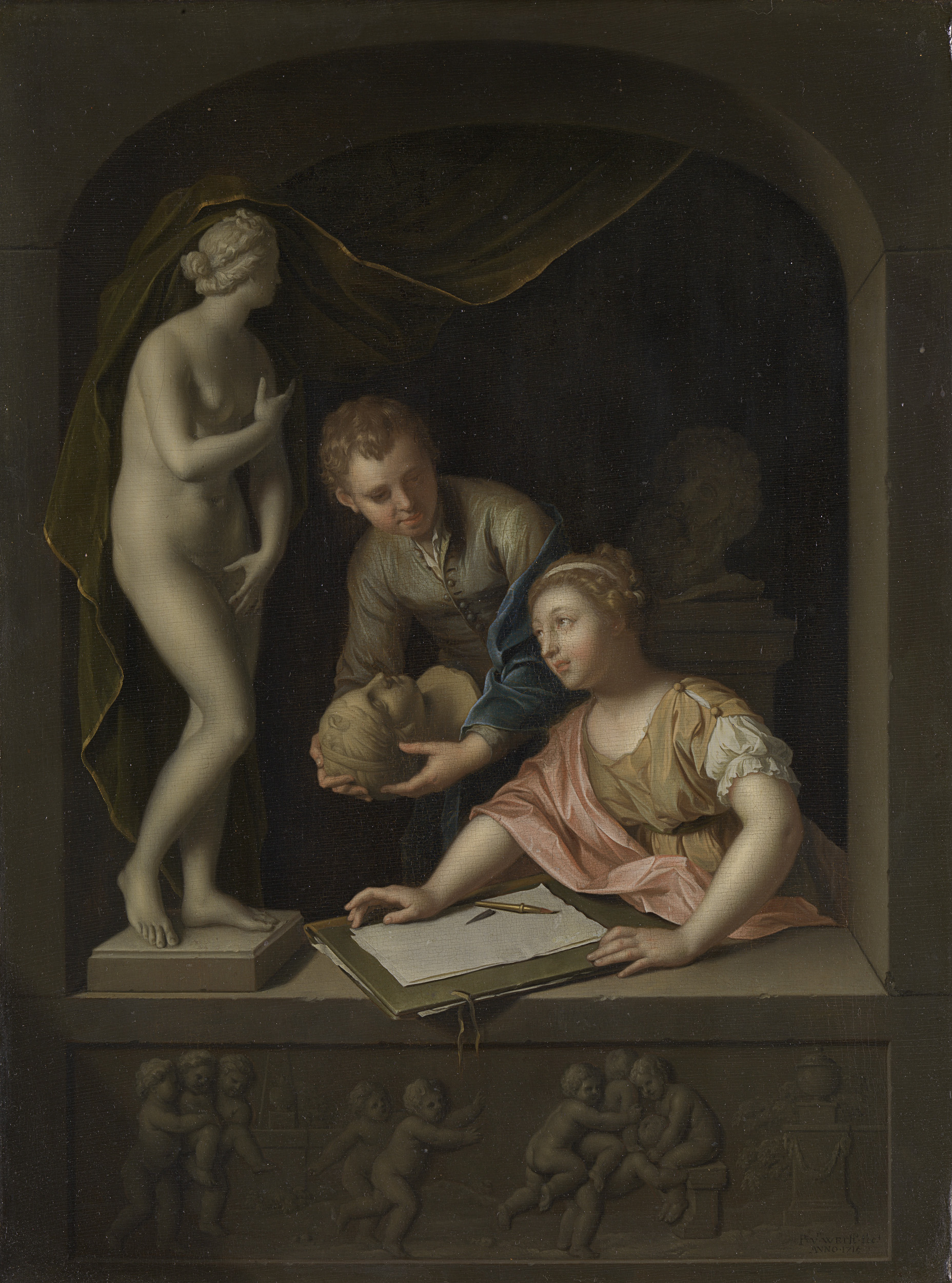 Pieter van der Werff, A Girl Drawing and a Boy near a Statue of Venus