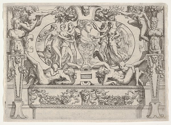 Battista Angolo del Moro, Bust of a woman flanked by three women on each side, set within an elaborate frame