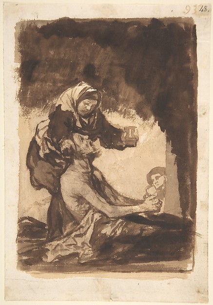 Goya (Francisco de Goya y Lucientes), A woman giving a mug to an old man; folio 93 from the "Images of Spain" Album (F)