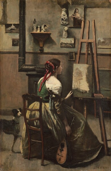 Jean-Baptiste-Camille Corot, Corot's Studio: Woman Seated Before an Easel, a Mandolin in her Hand